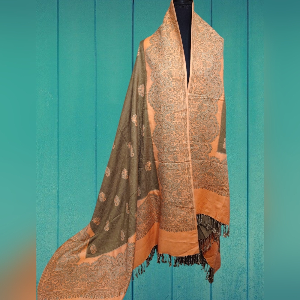 Elegant Paisley Shawl in Olive and Peach; Can Be Worn Both Ways- Inside Out